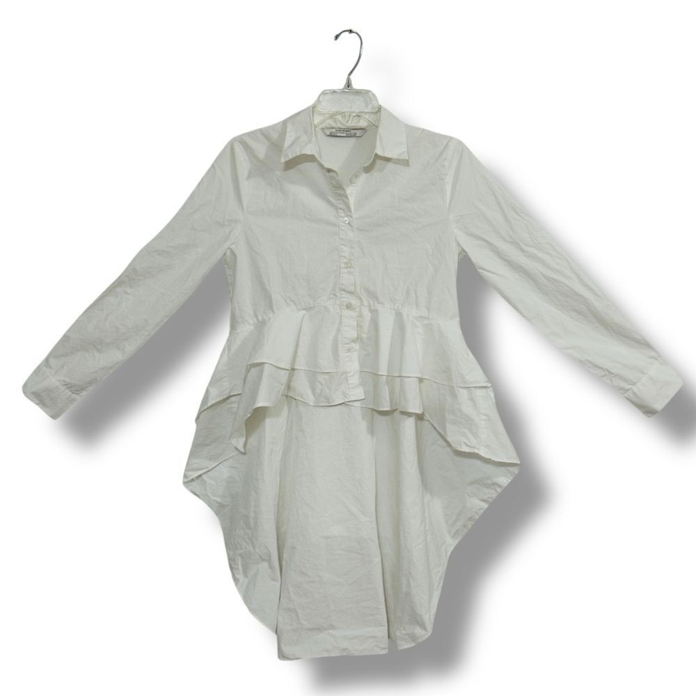 Zara Women’s The Circus White Button Up Blouse Size Small Asymmetrical Hem